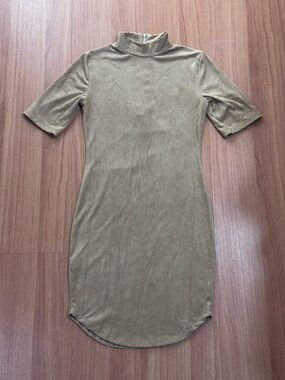 Tan Faux Suede Bodycon Midi Dress Mock Neck Small